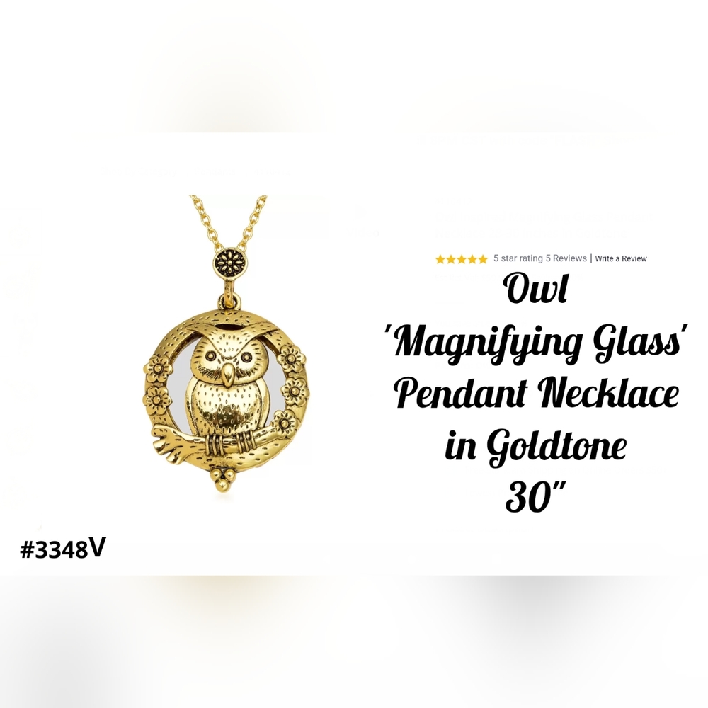 Adorable 'Owl' Magnifying Glass necklace, 30", Goldtone